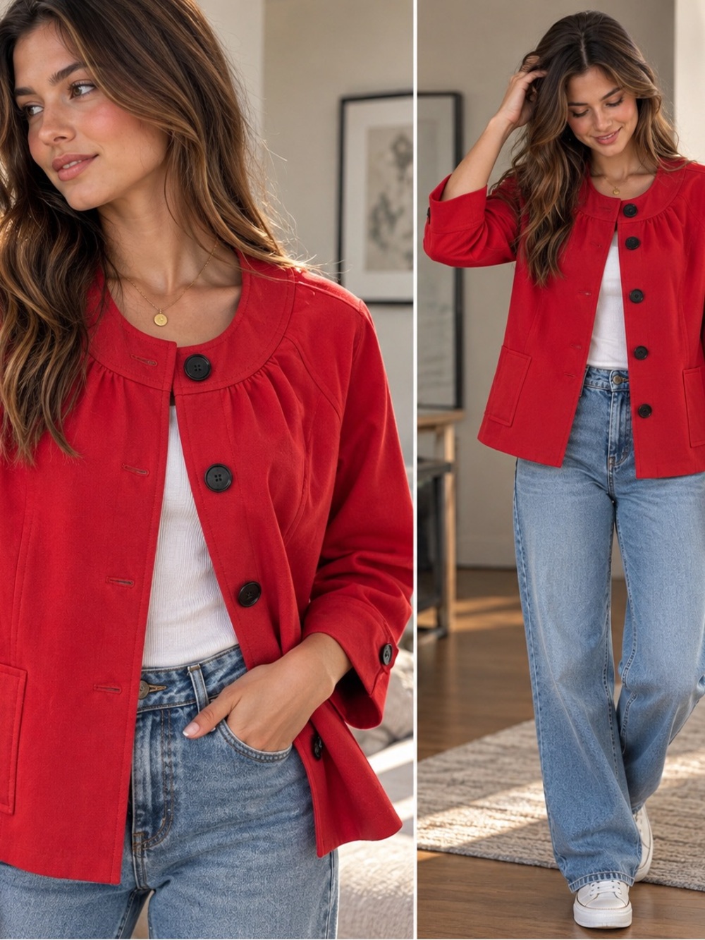 Kasper Petite 12P Red Button Front Career Jacket Blazer Casual Quiet Luxury